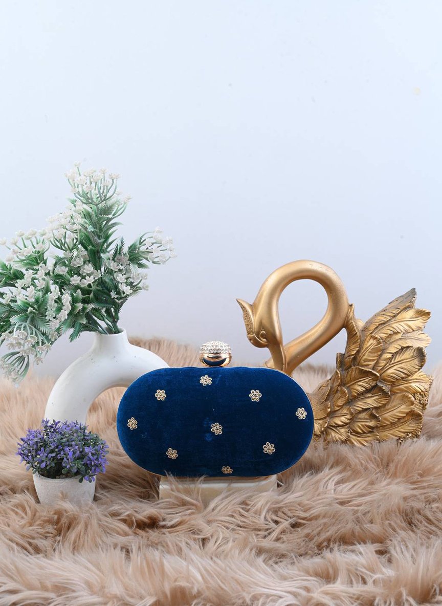 Exquisite Hand-Embroidered Velvet Zardozi Royal Blue Clutch