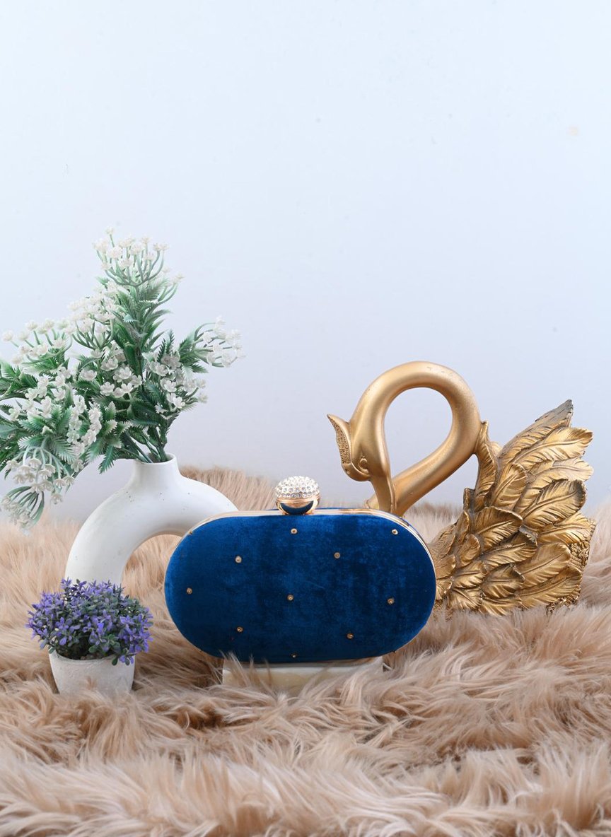 Royal Blue Velvet Flower Branch Zardozi Clutch