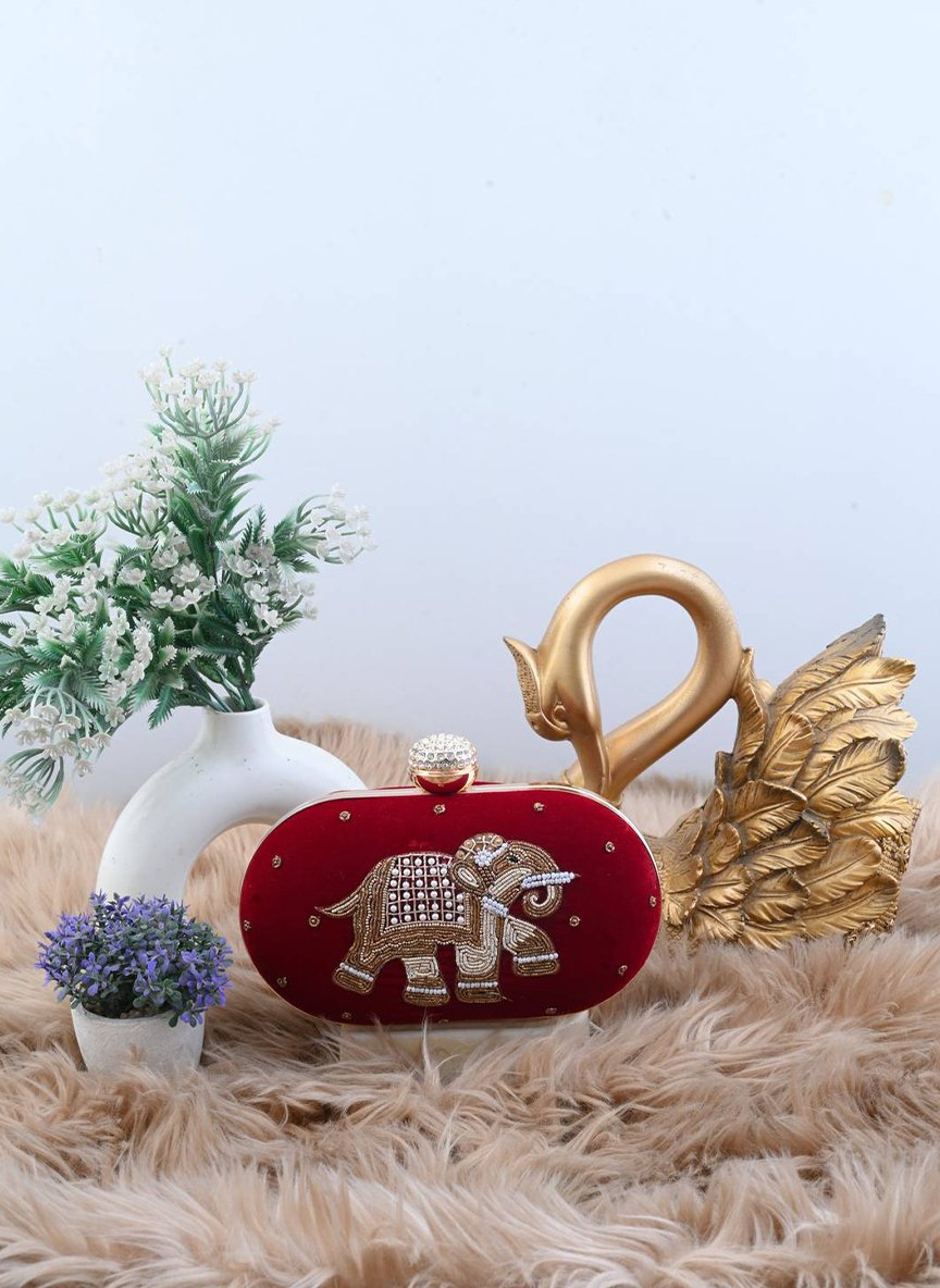 Royal Maroon Velvet Elephant Zardozi Clutch