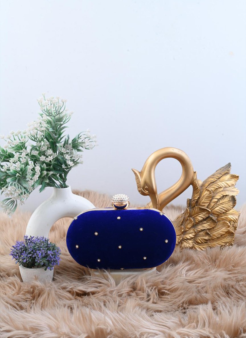 Blossom Royal Blue Velvet Flower Branch Zardozi Clutch