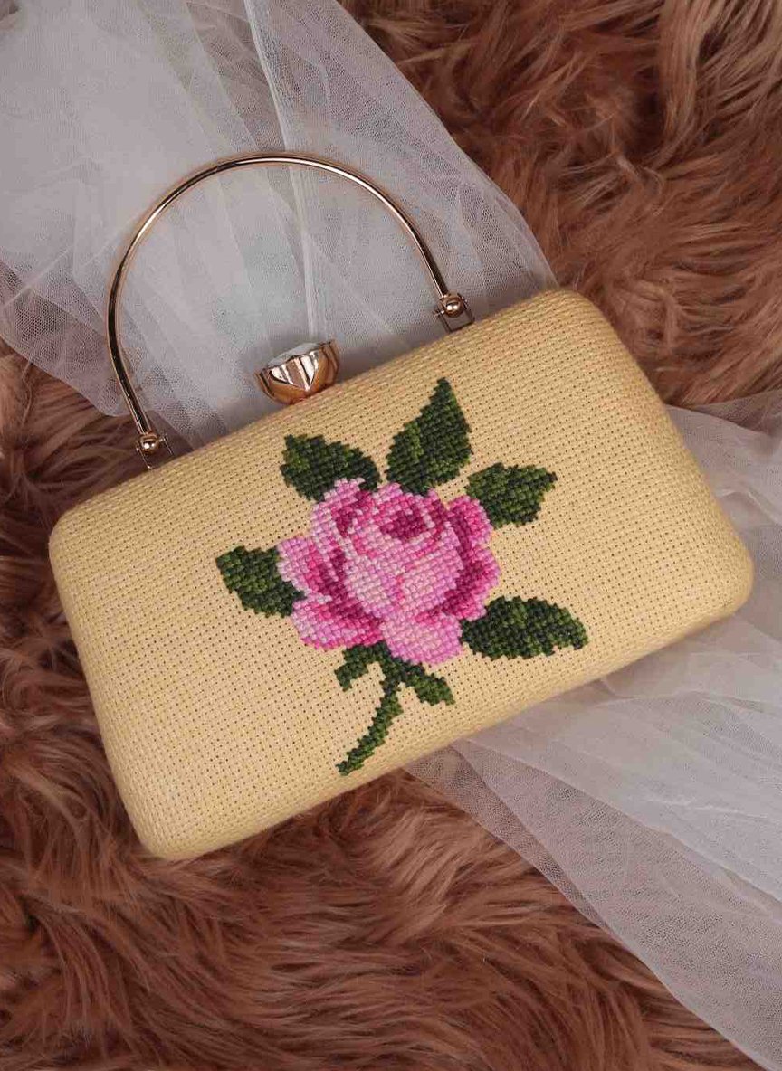 Vintage-Inspired Cross-Stitch Rose Clutch 